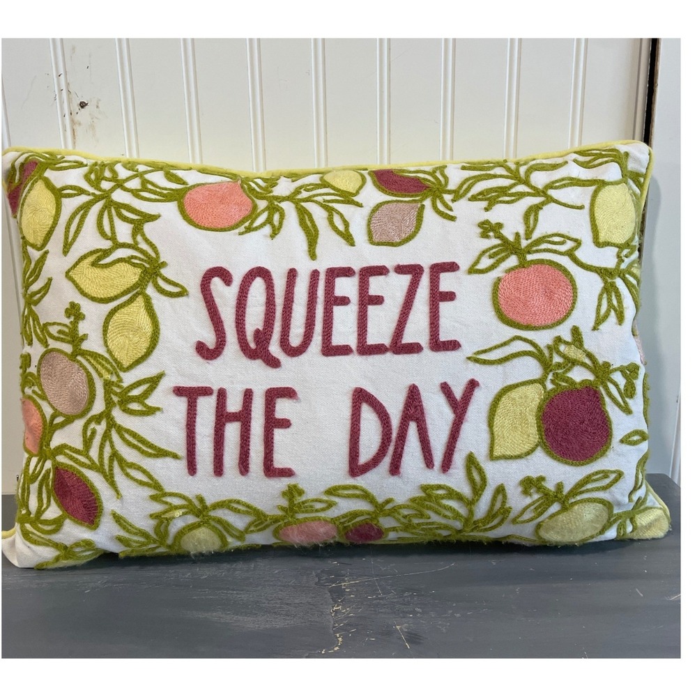 Squeeze The‎ Day Embroidered Citrus Lumbar Throw Pillow White Yellow 14x21